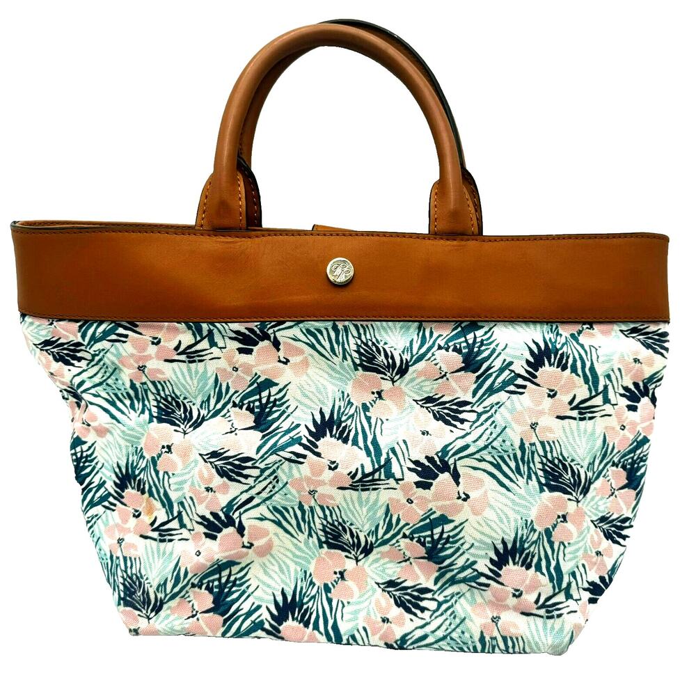BROOKS BROTHERS Pink Green Tropical Floral Canvas Leather Shoulder Bag Purse